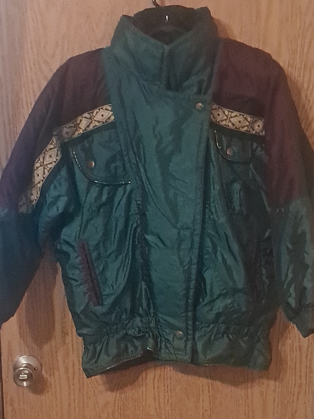 Womens Teal and Dark Brown Puffer Jacket with Contrast Trim Medium
